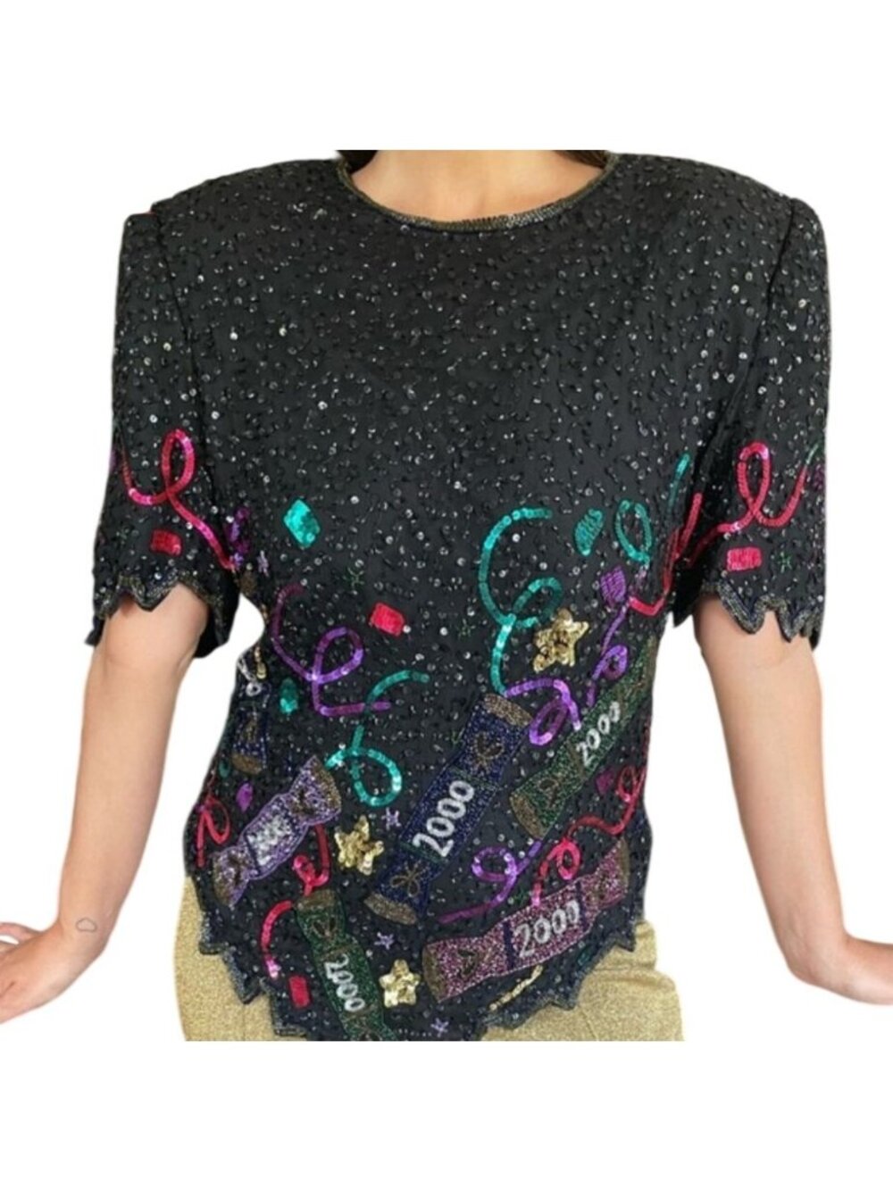 Vintage y2k Laurence Kazar New Years 2000 Beaded Silk Party Blouse Womens Size L